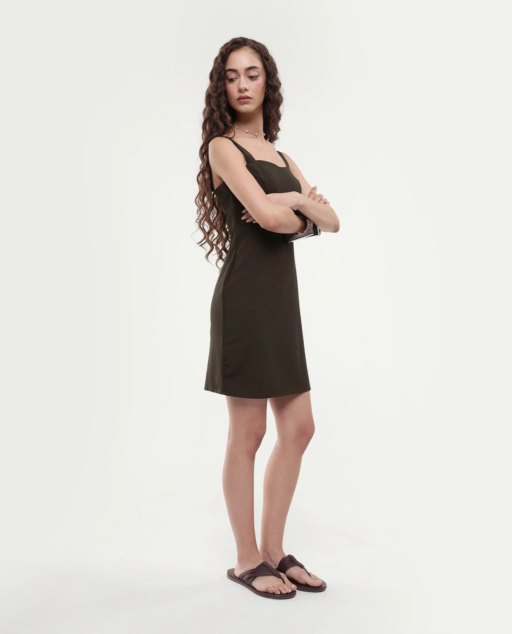 Rareism Women's Canakkale Brown Polyester Blend Sweetheart Neck Plain Sleeveless Mini Straight Fit Dress