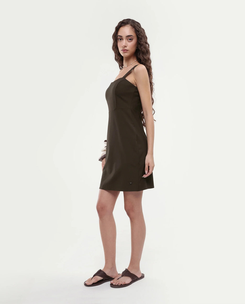 Rareism Women's Canakkale Brown Polyester Blend Sweetheart Neck Plain Sleeveless Mini Straight Fit Dress