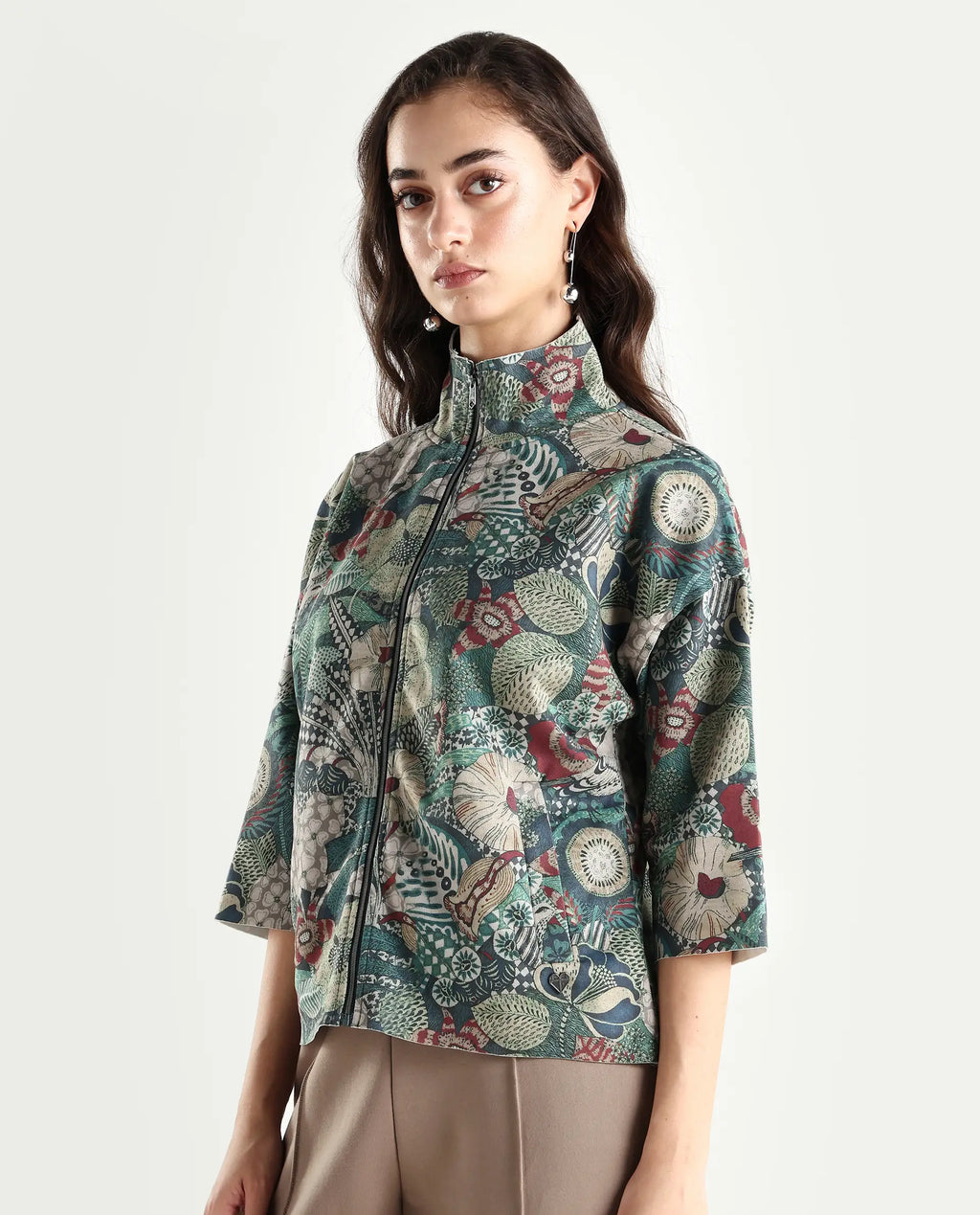 Rareism Women's Vaso Multi Suede Stand Collar Abstract Print Boxy Fit Jacket