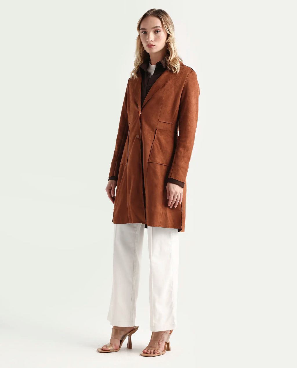 Rareism Women's Gawler Tan Suede Lapel Neck Plain Regular Fit Jacket