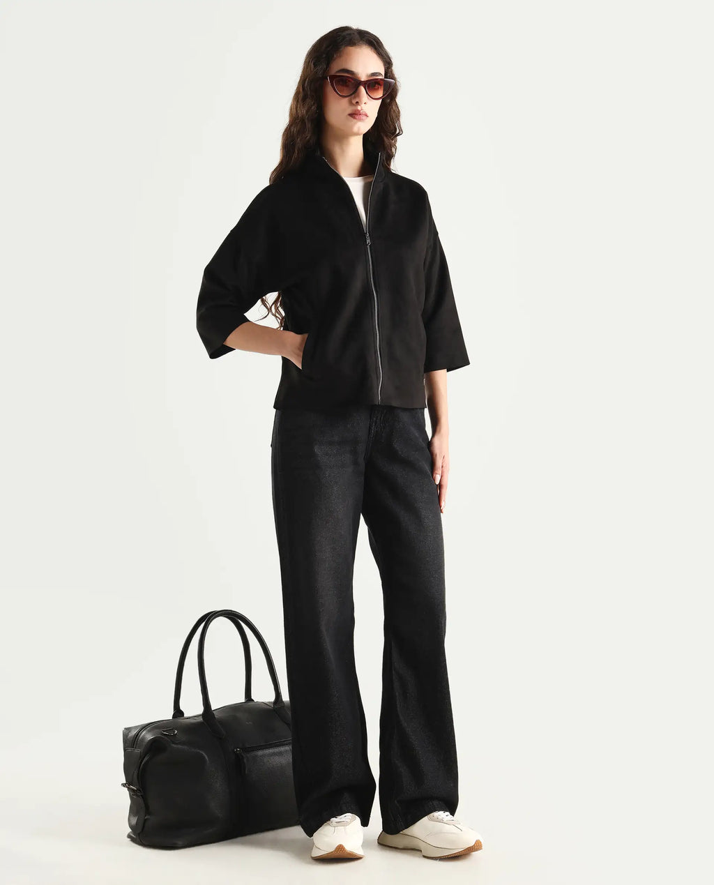 Rareism Women's Vasu 2 Black Suede Stand Collar Plain Boxy Fit Jacket