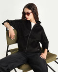 Rareism Women's Vasu 2 Black Suede Stand Collar Plain Boxy Fit Jacket
