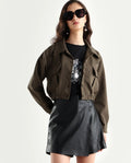 Rareism Women's Hobart Olive Spread Collar Plain Cuffed Sleeve Crop Regular Fit Jacket