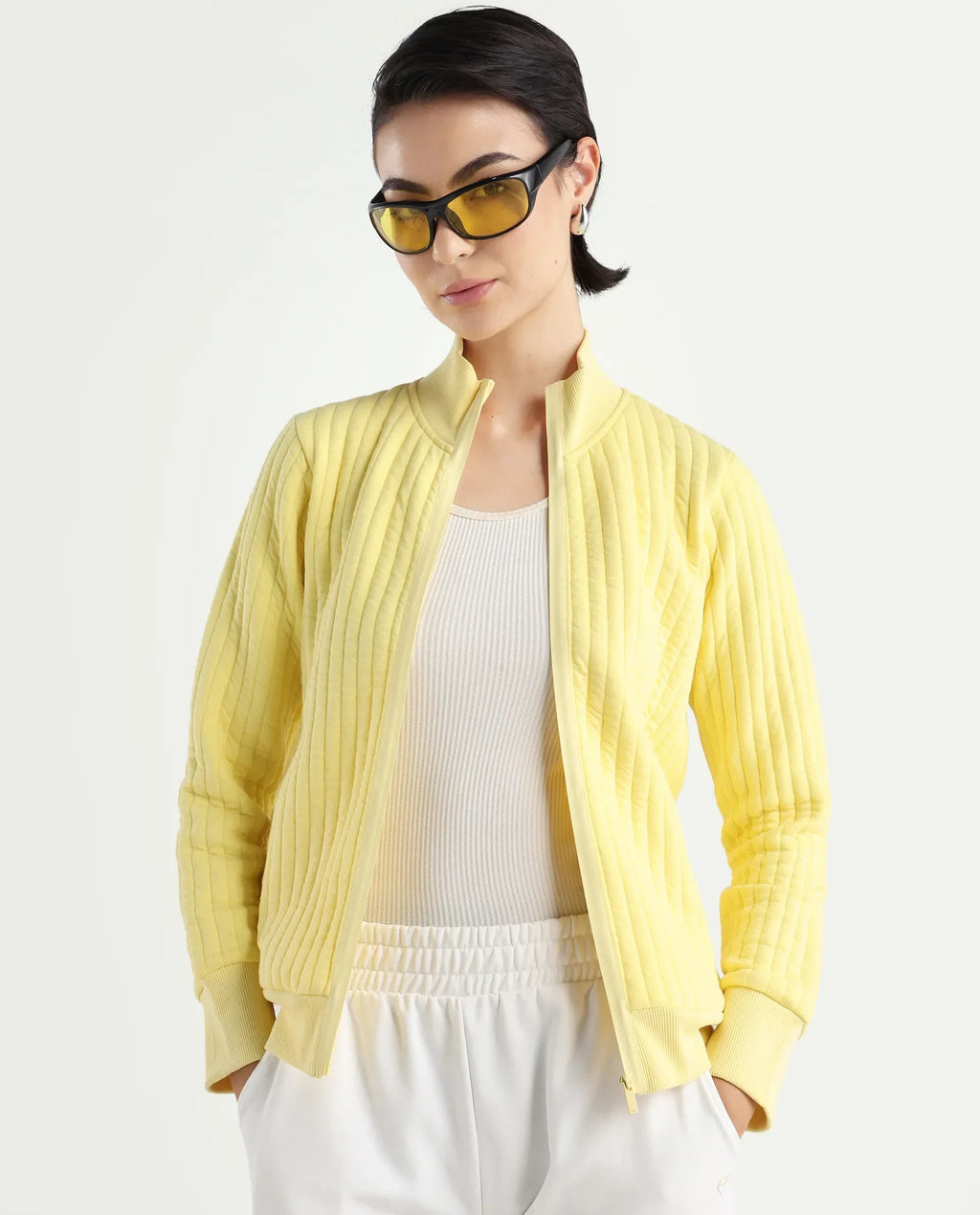 Rareism Women's Tunceli Light Yellow Polyester Blend Mandarin Collar Plain Regular Fit Jacket