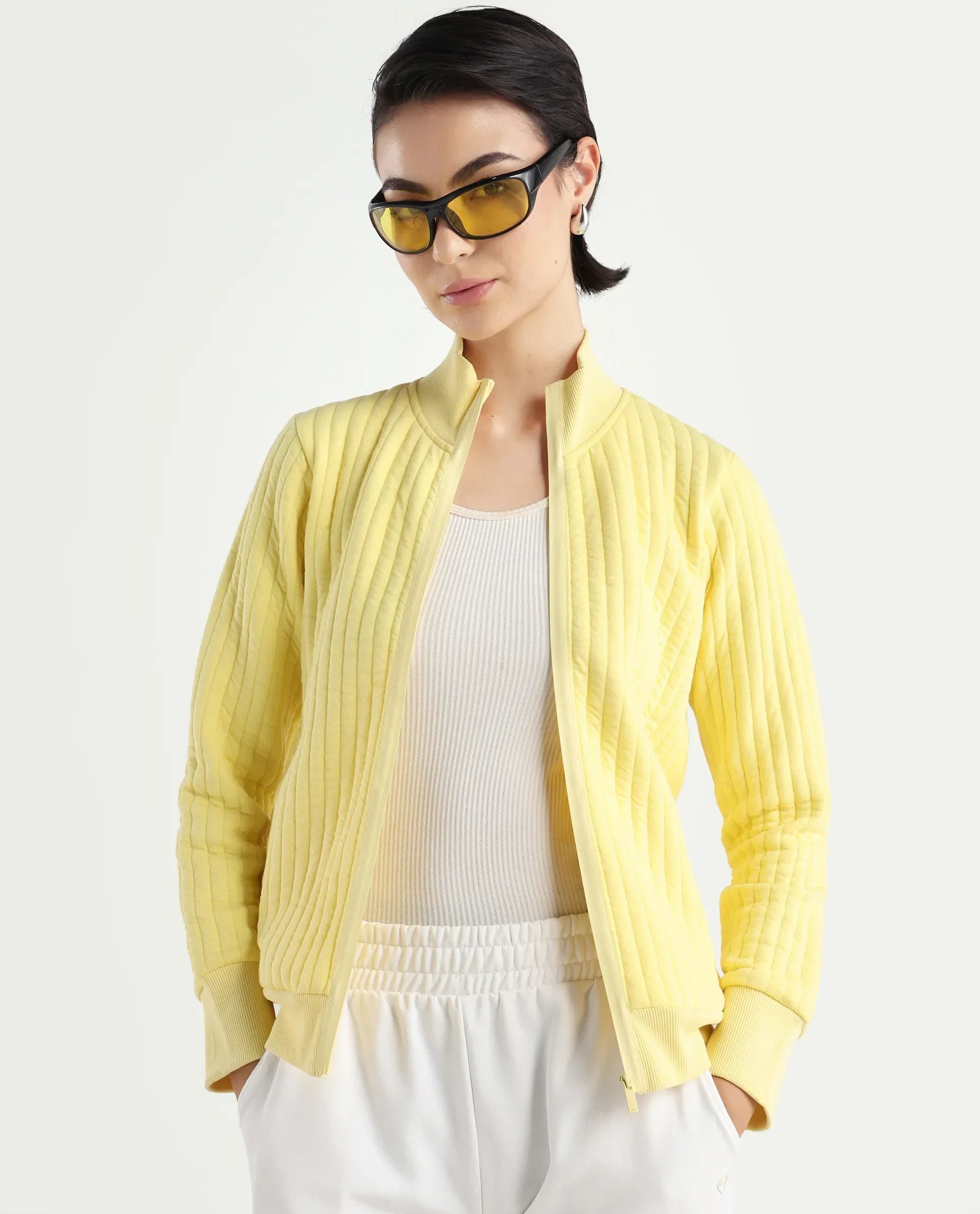 Rareism Women's Tunceli Light Yellow Polyester Blend Mandarin Collar Plain Regular Fit Jacket