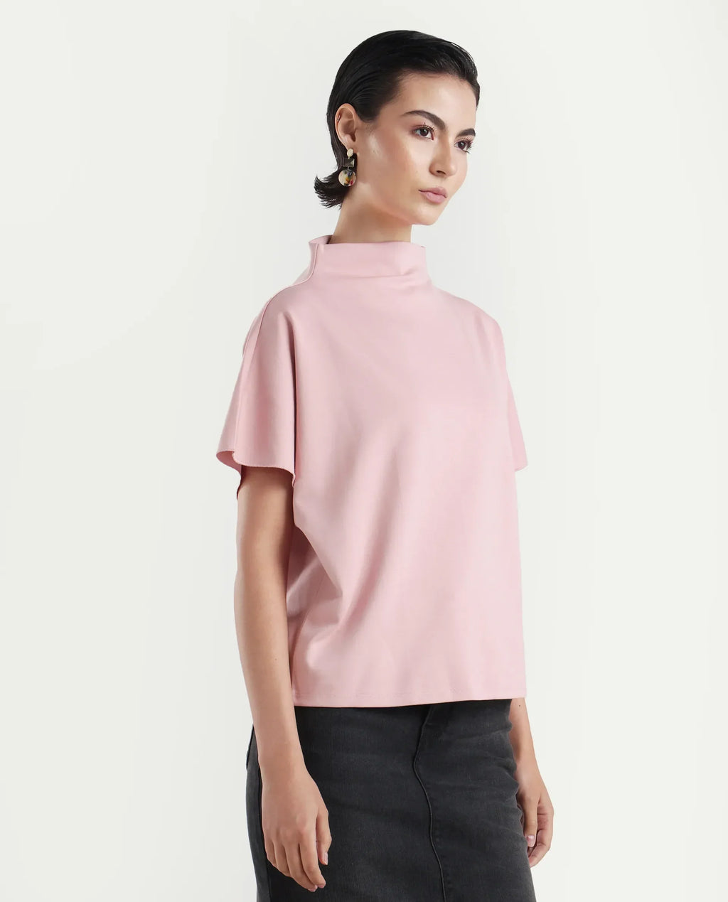 Rareism Women's Worknet Pink Cotton Blend High Neck Plain Extended Sleeves Relaxed Fit Top