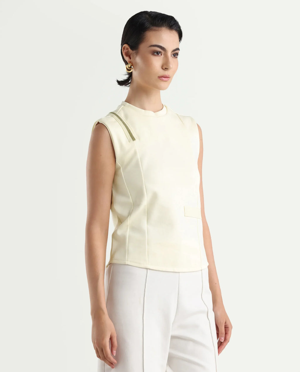 Rareism Women's Aytat Off White Cotton High Neck Plain Sleeveless Slim Fit Top