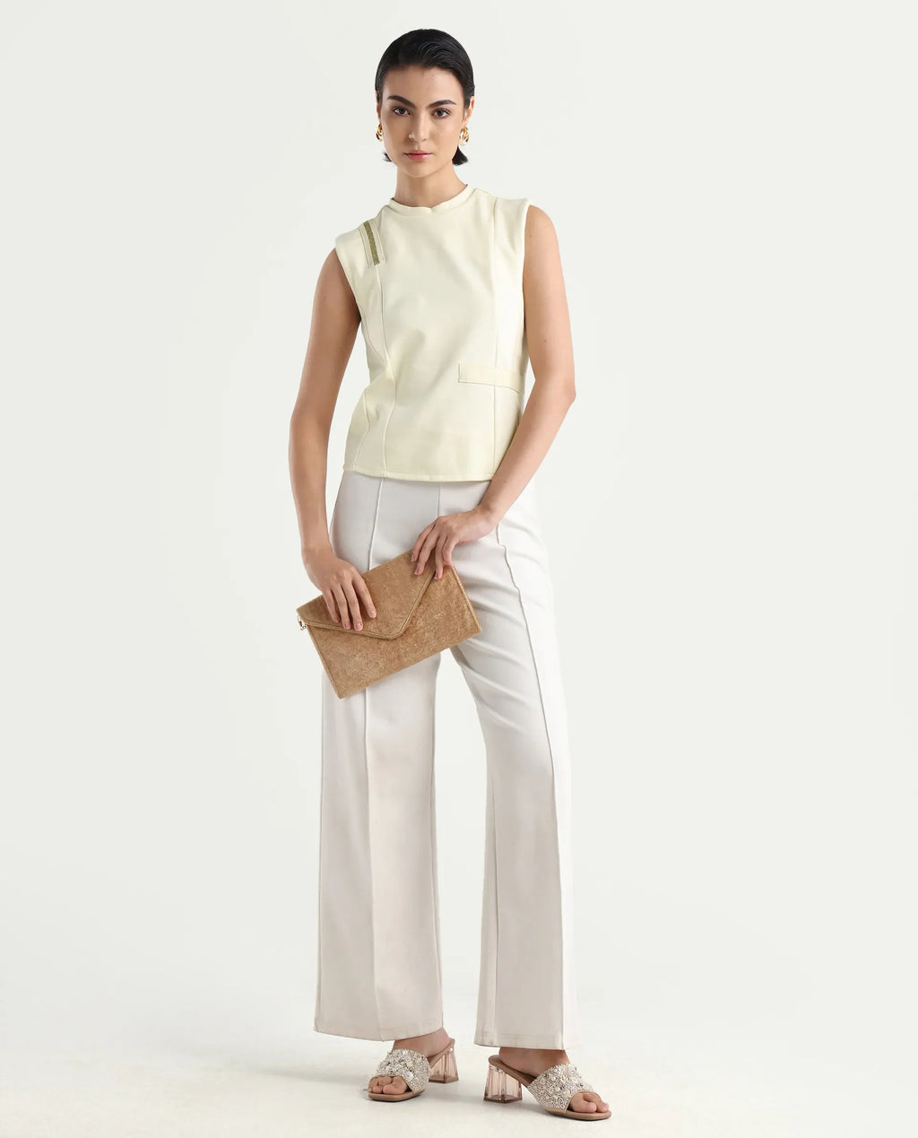 Rareism Women's Aytat Off White Cotton High Neck Plain Sleeveless Slim Fit Top