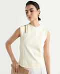 Rareism Women's Aytat Off White Cotton High Neck Plain Sleeveless Slim Fit Top