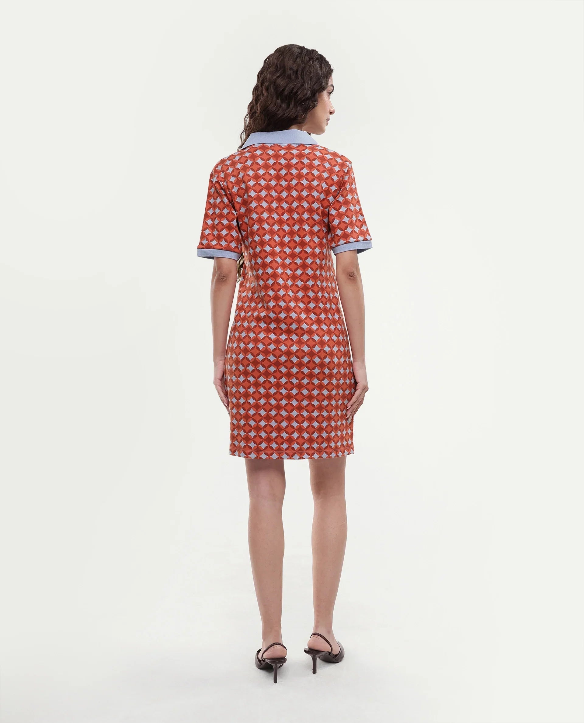 Rareism Women's Orri Multi Cotton Ribbed Collar Geometric Print Midi Relaxed Fit Dress