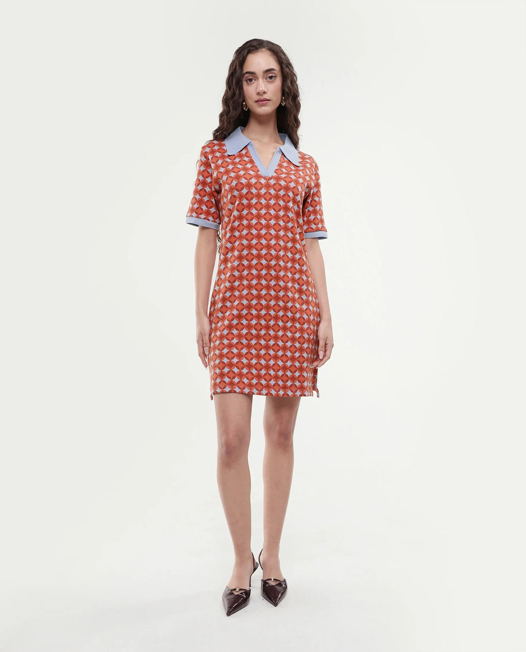 Rareism Women's Orri Multi Cotton Ribbed Collar Geometric Print Midi Relaxed Fit Dress