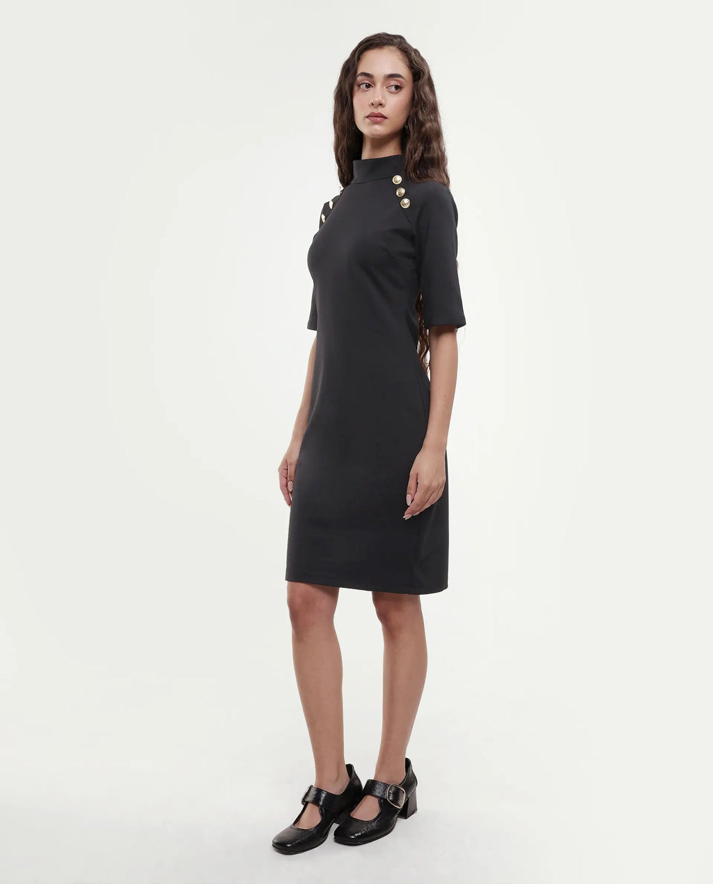 Rareism Women's Bolu Black Cotton Blend High Neck Plain Knee Length Slim Fit Dress