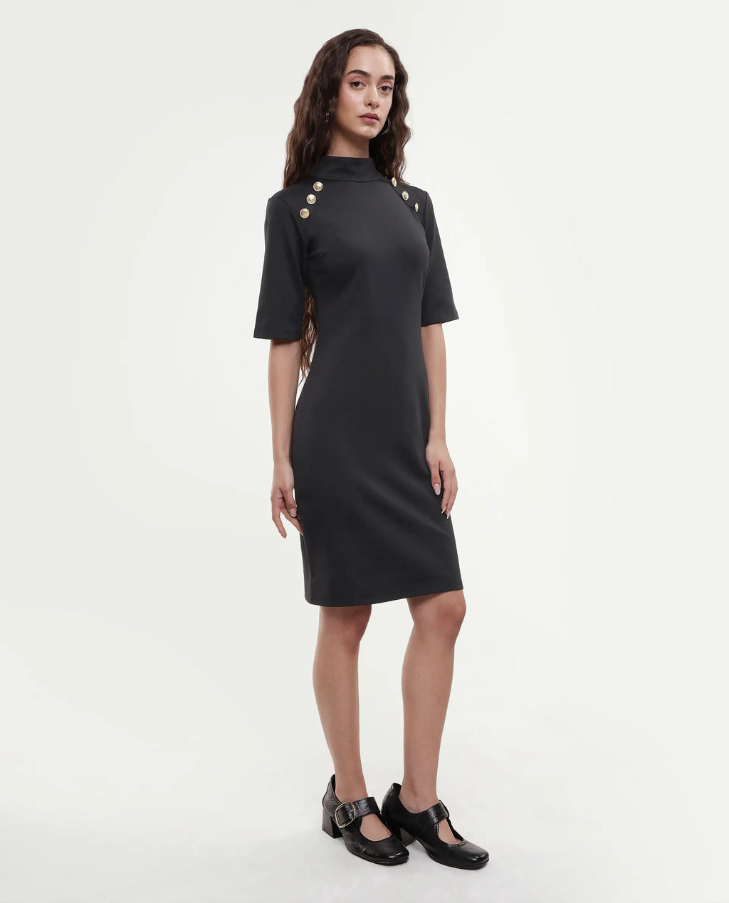 Rareism Women's Bolu Black Cotton Blend High Neck Plain Knee Length Slim Fit Dress