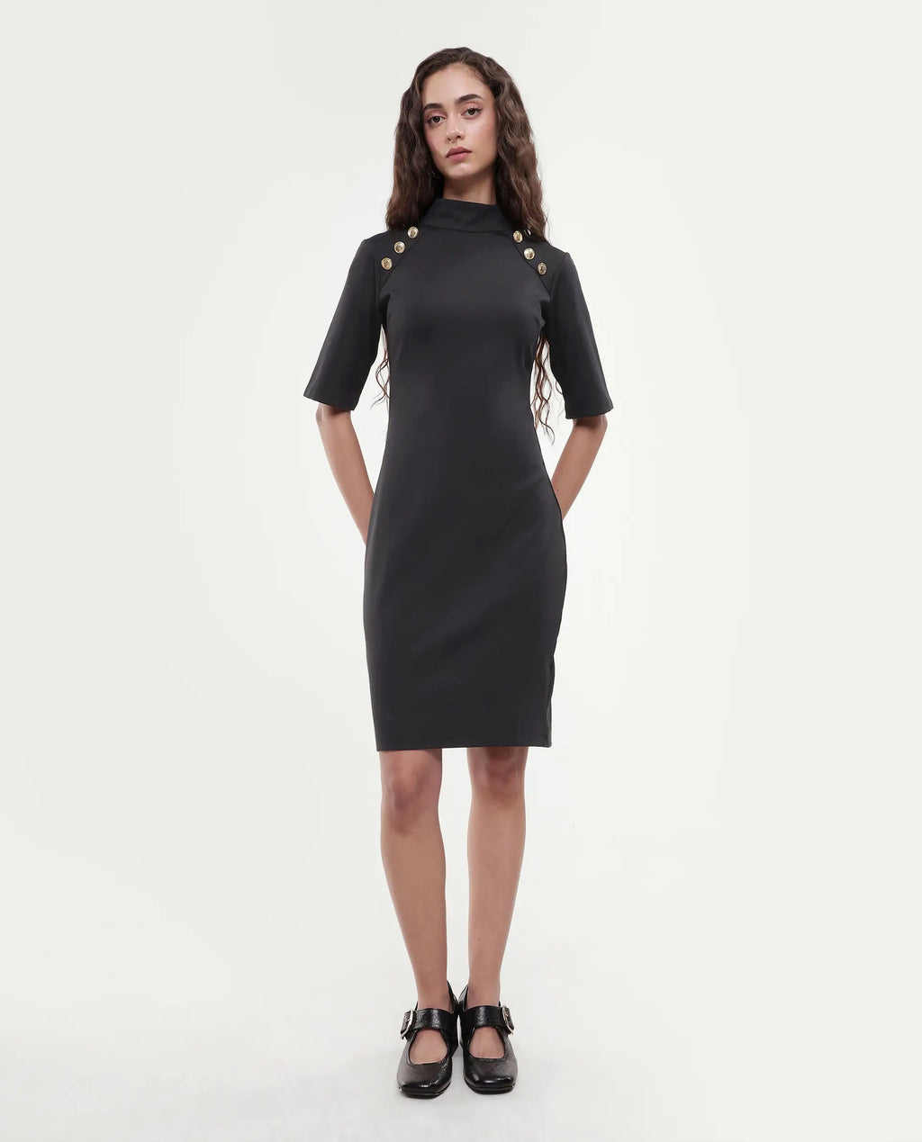 Rareism Women's Bolu Black Cotton Blend High Neck Plain Knee Length Slim Fit Dress