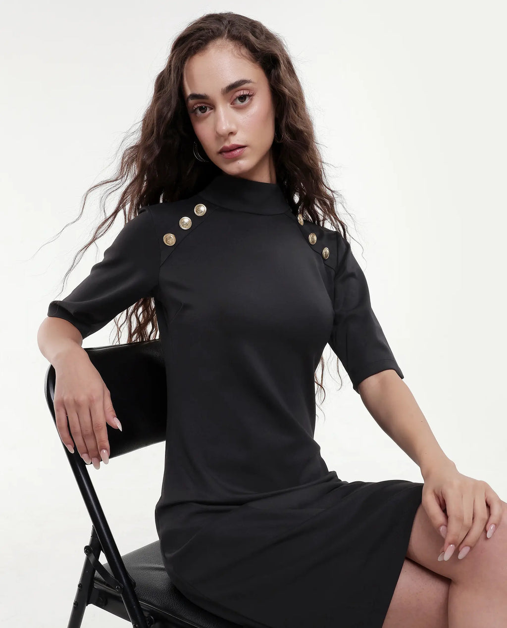 Rareism Women's Bolu Black Cotton Blend High Neck Plain Knee Length Slim Fit Dress