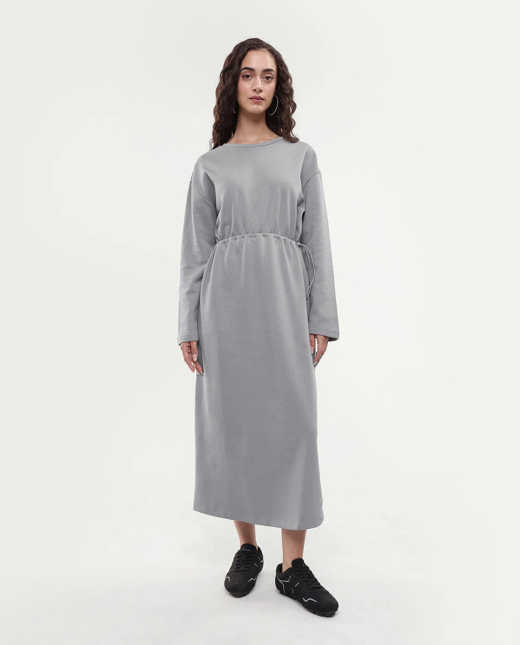 Rareism Women's Zarene Grey Cotton Blend Crew Neck Plain Maxi Regular Fit Dress