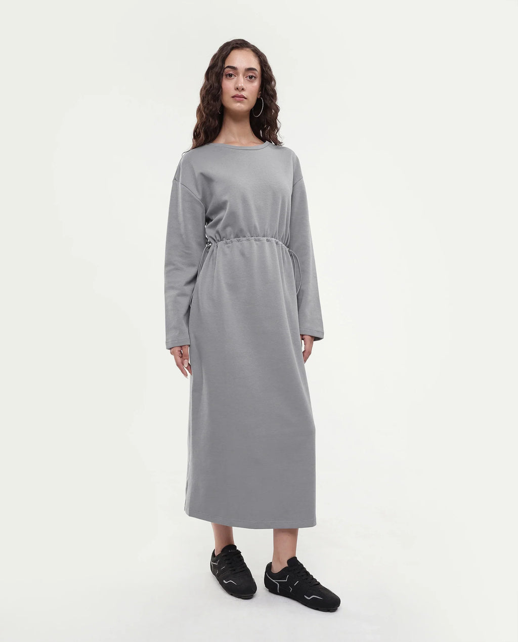Rareism Women's Zarene Grey Cotton Blend Crew Neck Plain Maxi Regular Fit Dress