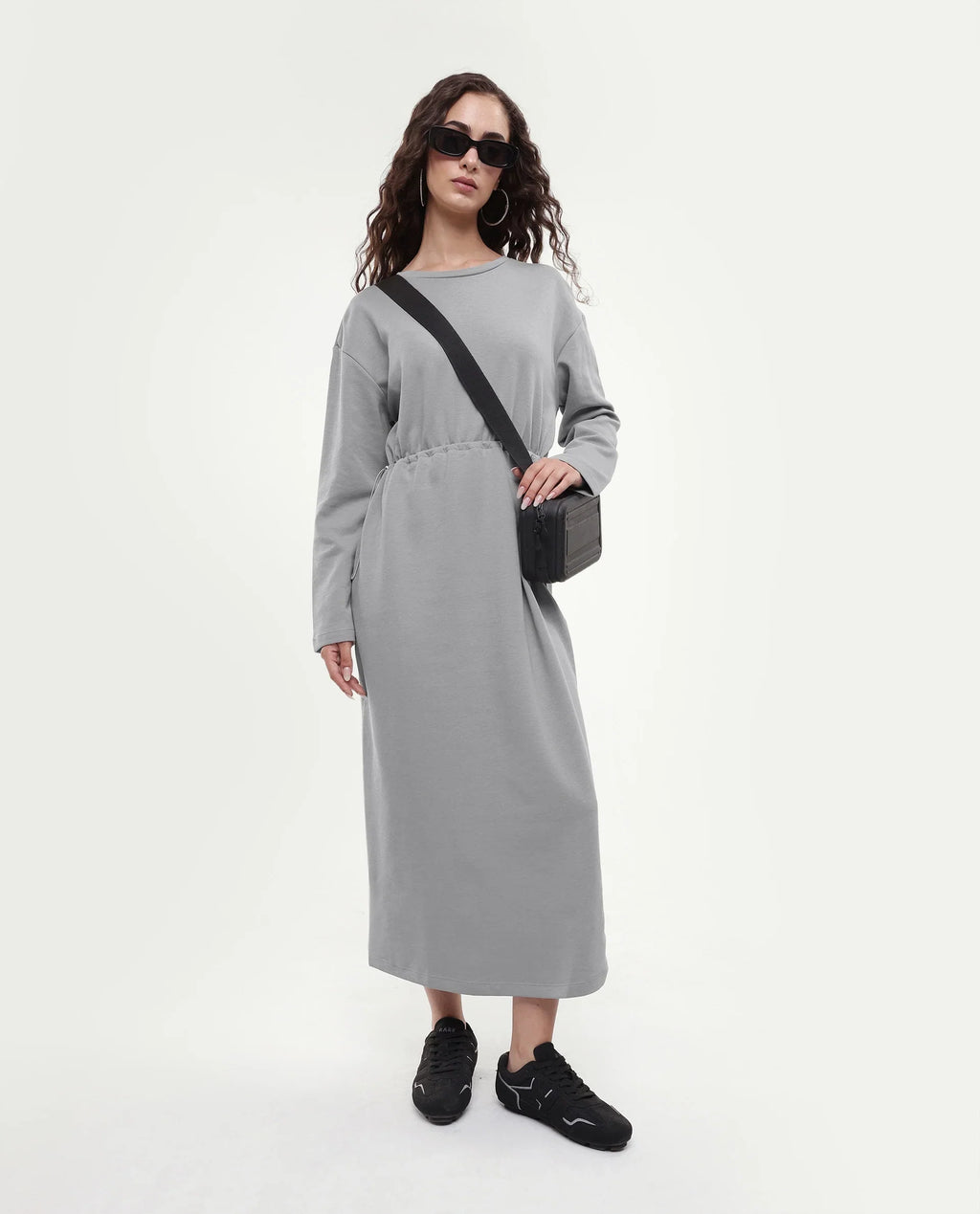 Rareism Women's Zarene Grey Cotton Blend Crew Neck Plain Maxi Regular Fit Dress