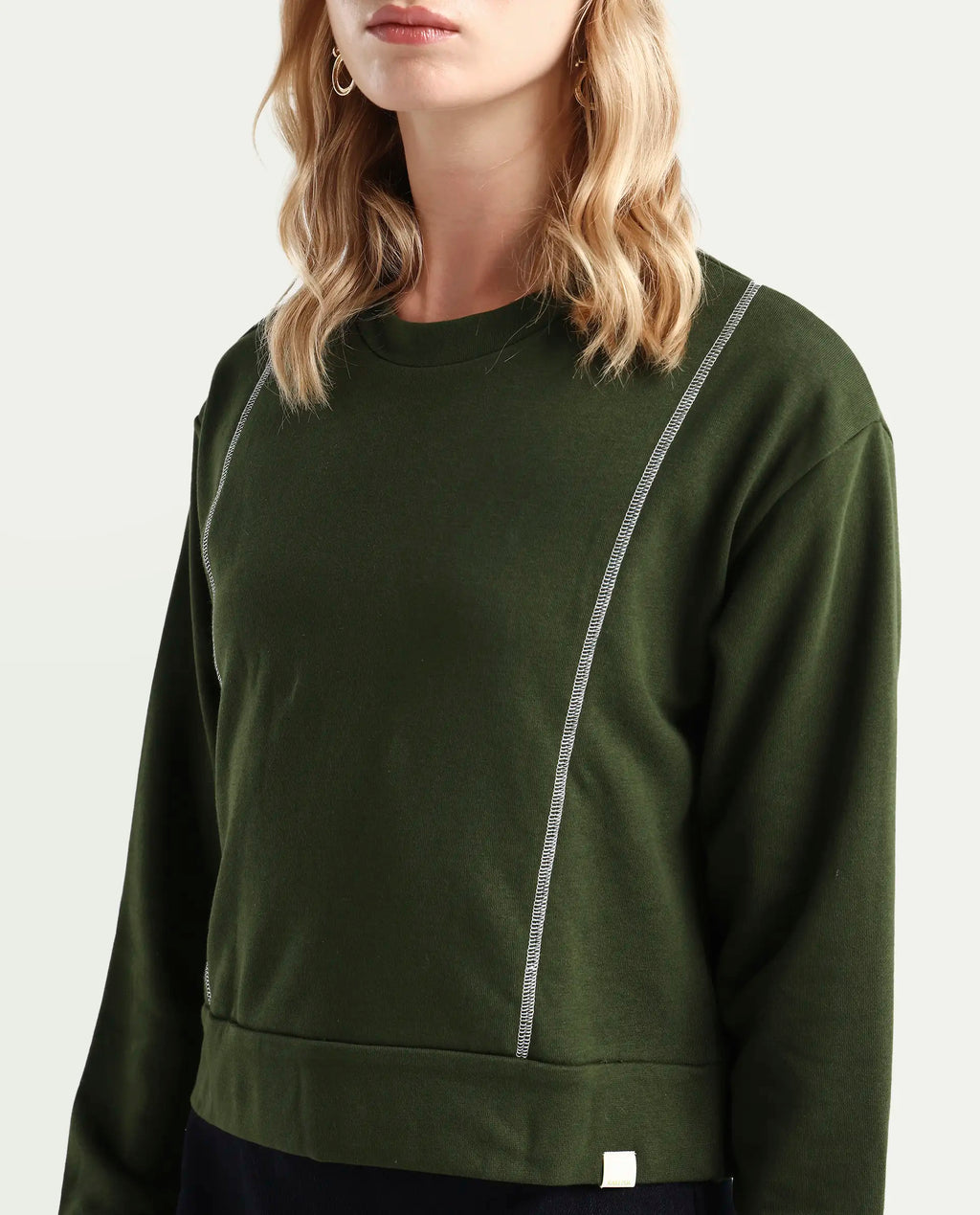 Rareism Women's Moye Olive Cotton Blend Crew Neck Plain Relaxed Fit Sweatshirt
