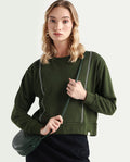 Rareism Women's Moye Olive Cotton Blend Crew Neck Plain Relaxed Fit Sweatshirt