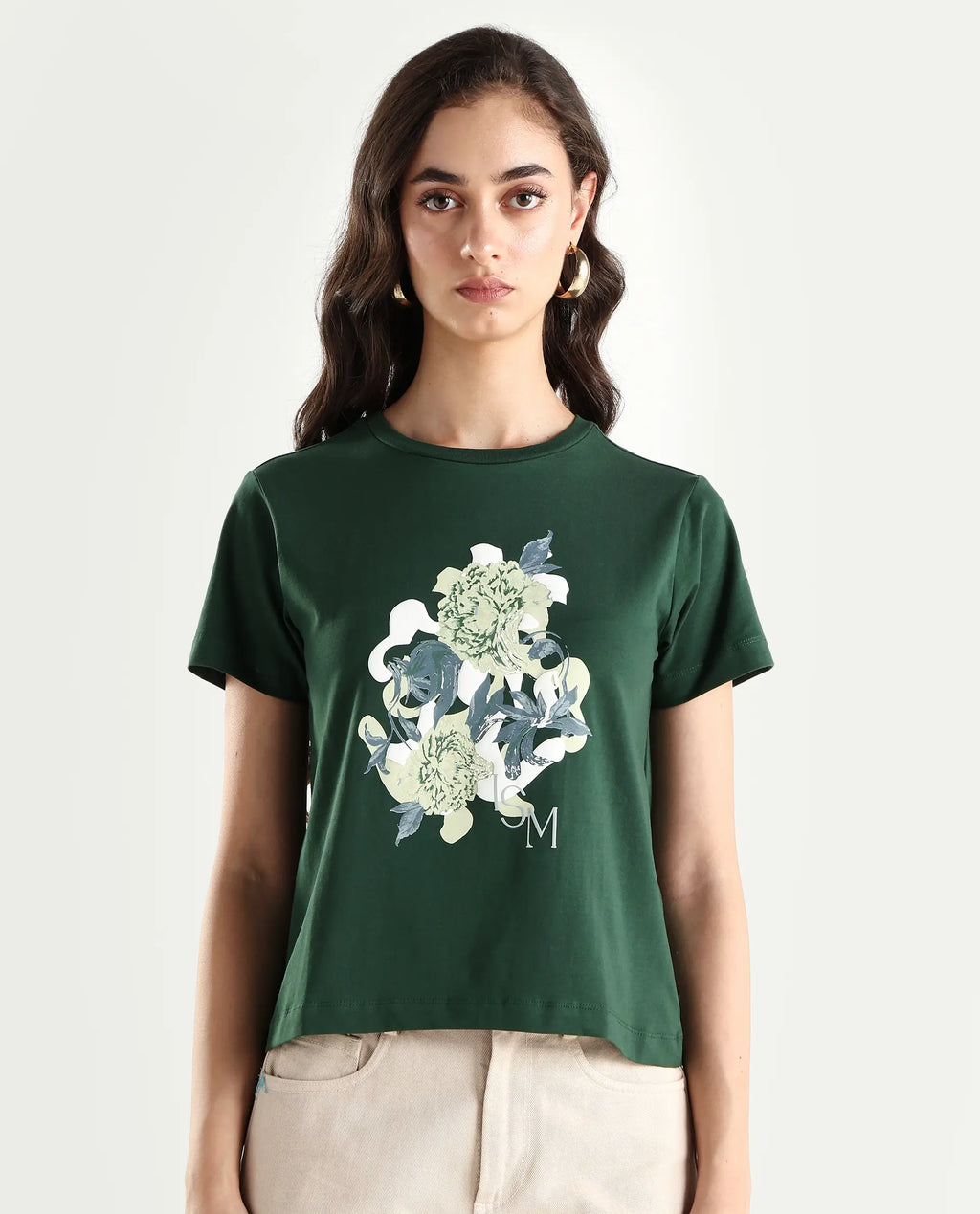 Rareism Women's Mirth Olive Cotton Blend Crew Neck Graphic Print Regular Fit T-Shirt