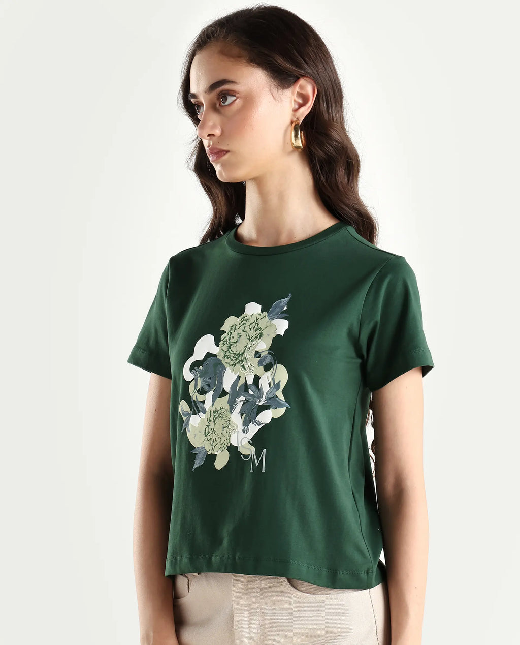 Rareism Women's Mirth Olive Cotton Blend Crew Neck Graphic Print Regular Fit T-Shirt