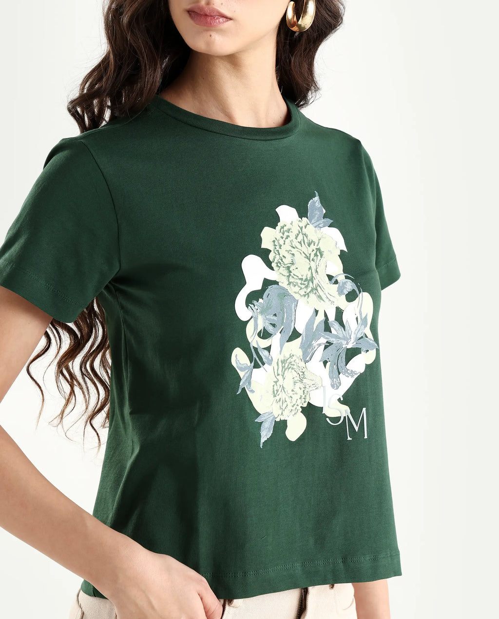 Rareism Women's Mirth Olive Cotton Blend Crew Neck Graphic Print Regular Fit T-Shirt