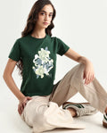 Rareism Women's Mirth Olive Cotton Blend Crew Neck Graphic Print Regular Fit T-Shirt