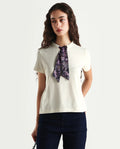 Rareism Women's Hosta Off White Cotton Blend Crew Neck Graphic Print Regular Fit T-Shirt