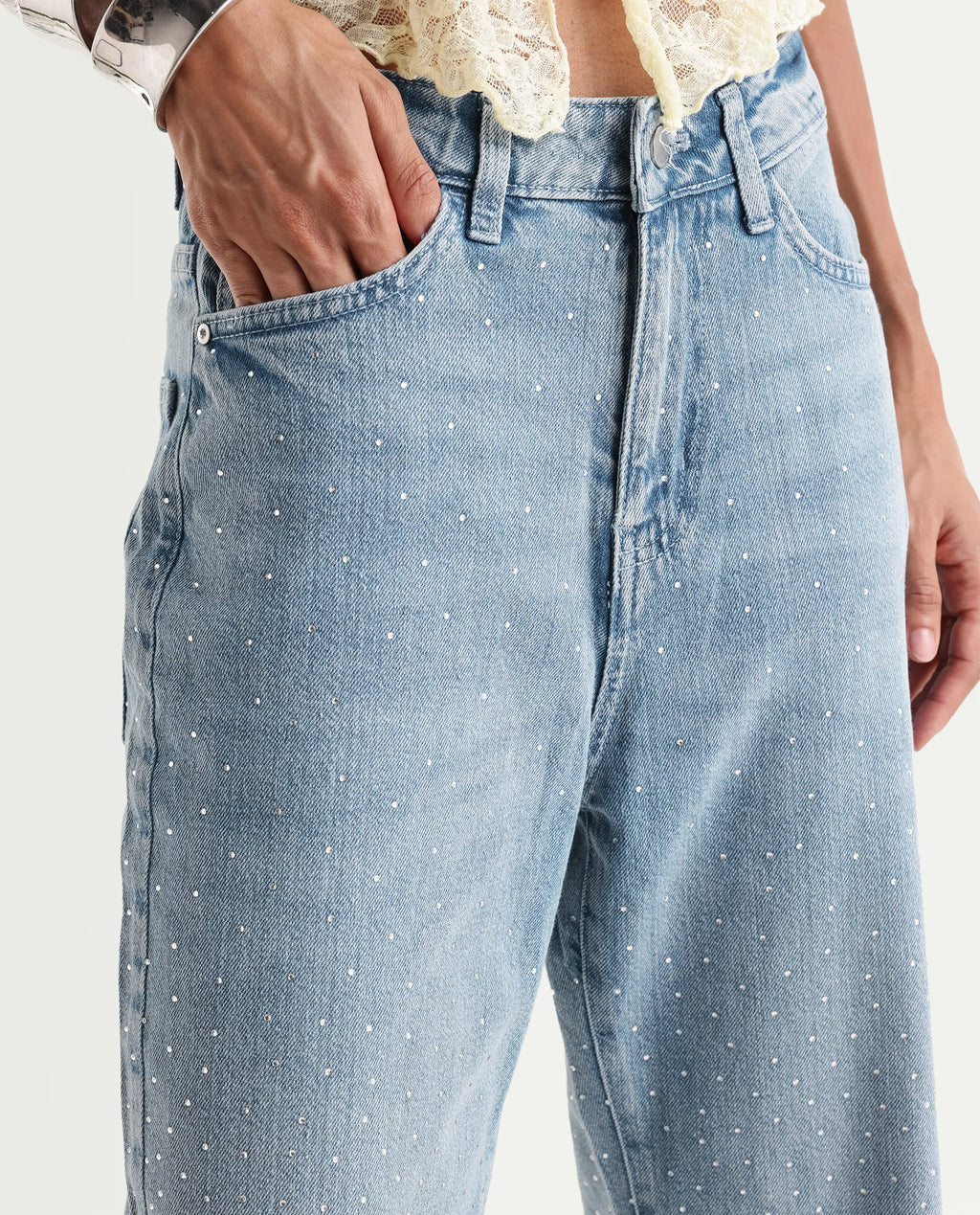 Rareism Women's Study Blue Cotton Blend Plain Ankle Length Smart Straight Fit Jeans