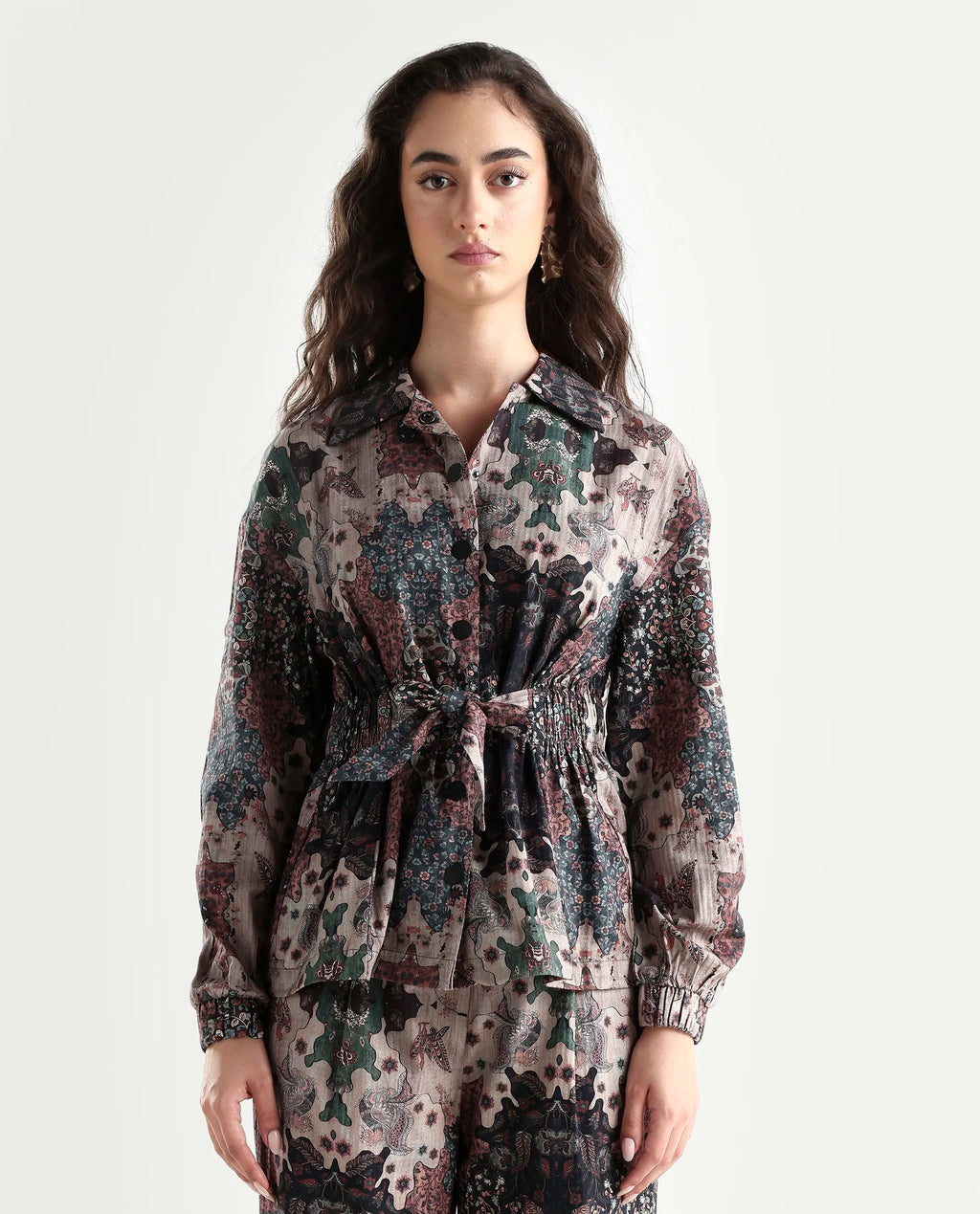 Rareism Women's Rotika Dark Multi Cotton Blend Spread Collar Abstract Print Regular Fit Jacket
