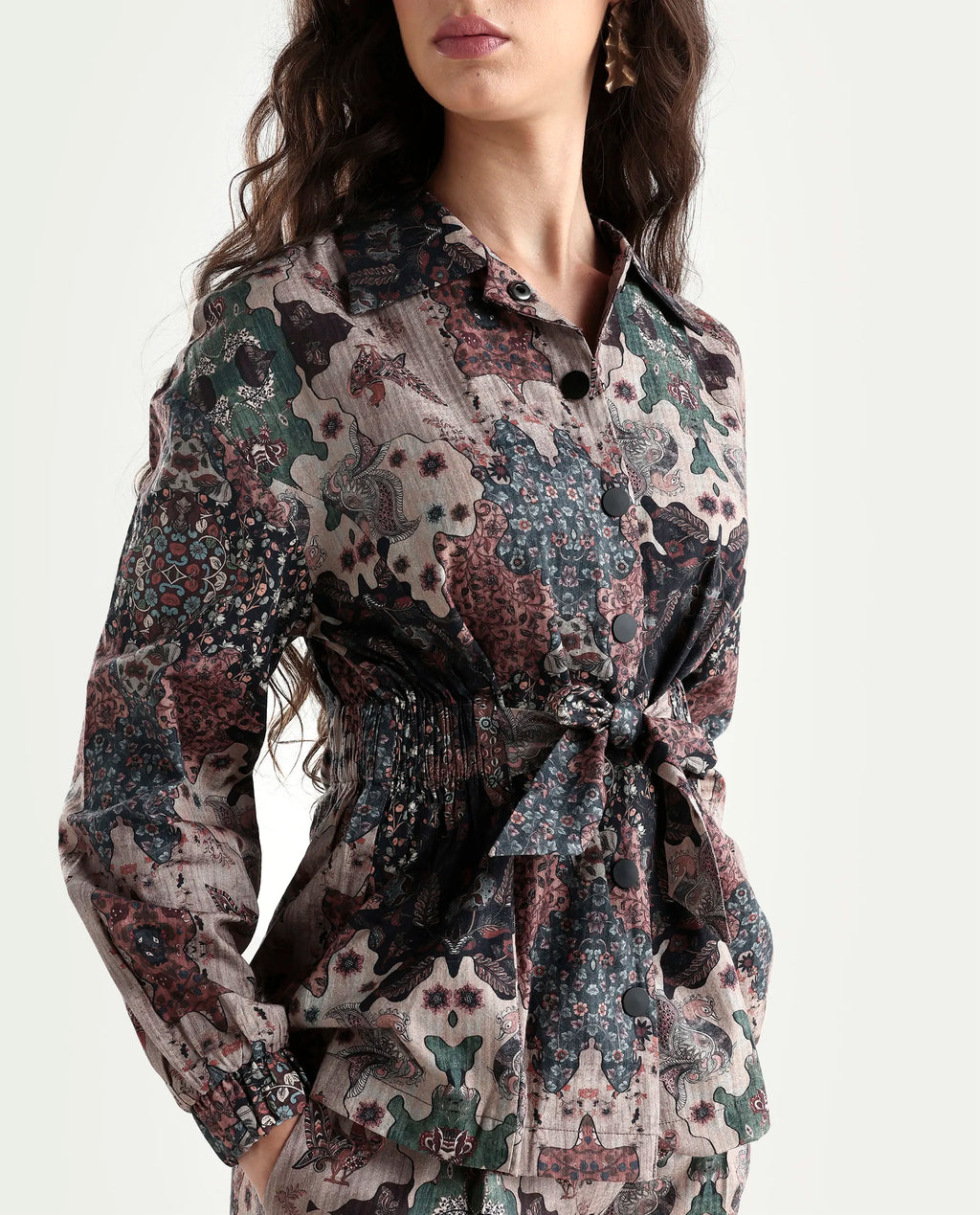 Rareism Women's Rotika Dark Multi Cotton Blend Spread Collar Abstract Print Regular Fit Jacket