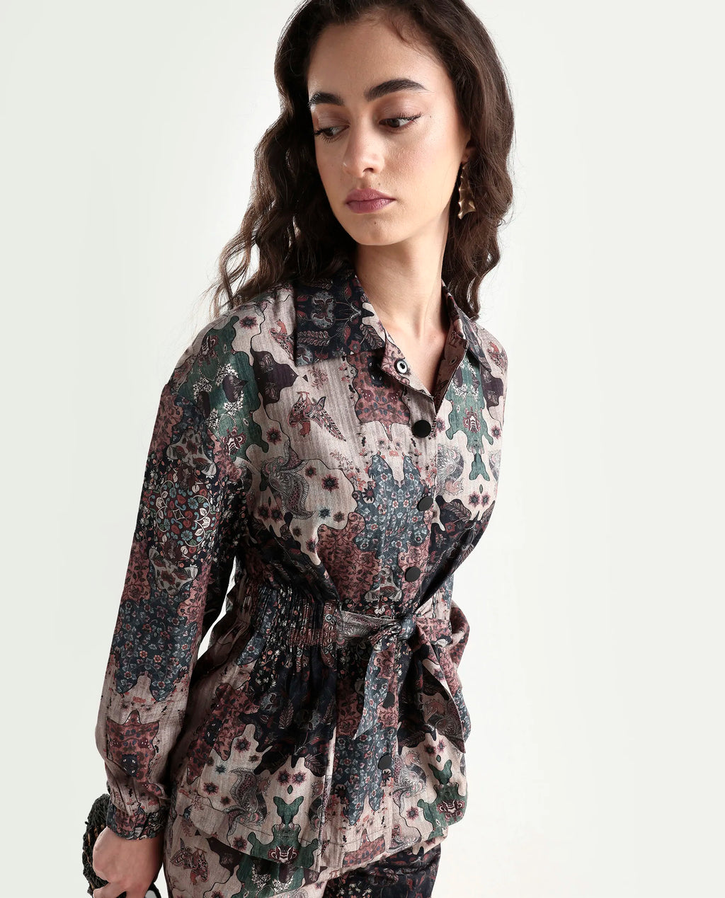 Rareism Women's Rotika Dark Multi Cotton Blend Spread Collar Abstract Print Regular Fit Jacket