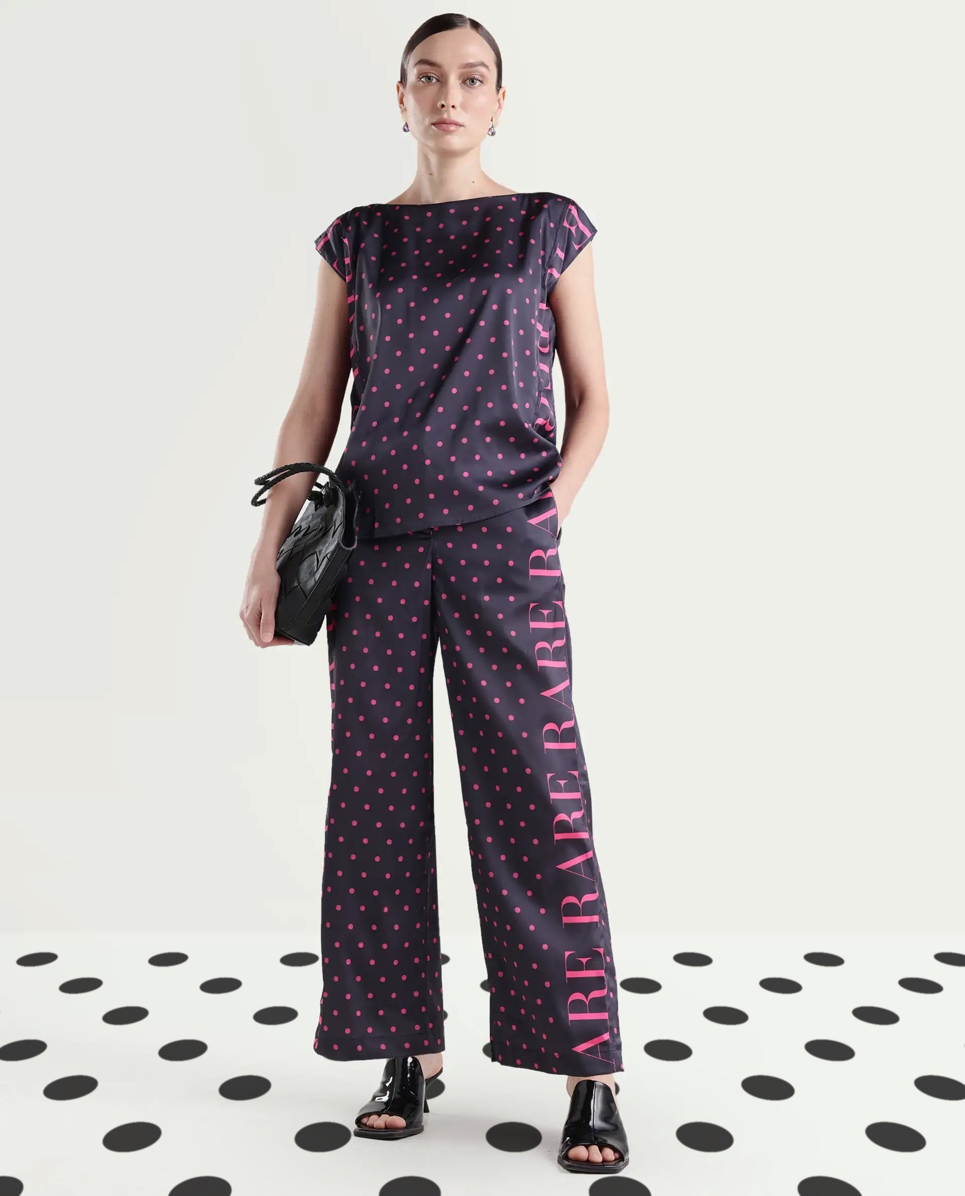 Rareism Women's Utkco B Dark Grey Polyester Polka Print Ankle Length Straight Fit Trouser