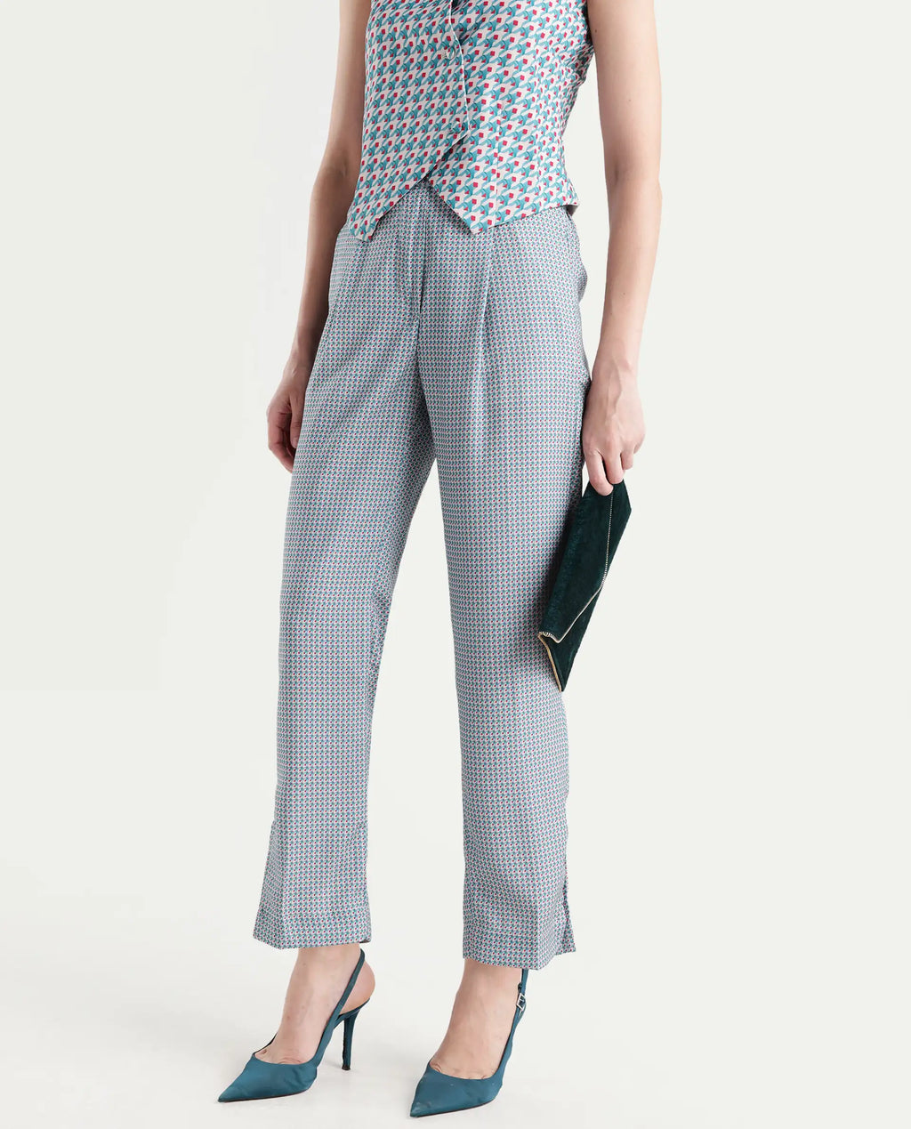 Rareism Women's Utkil B Multi Polyester Houndstooth Print Ankle Length Straight Fit Trouser