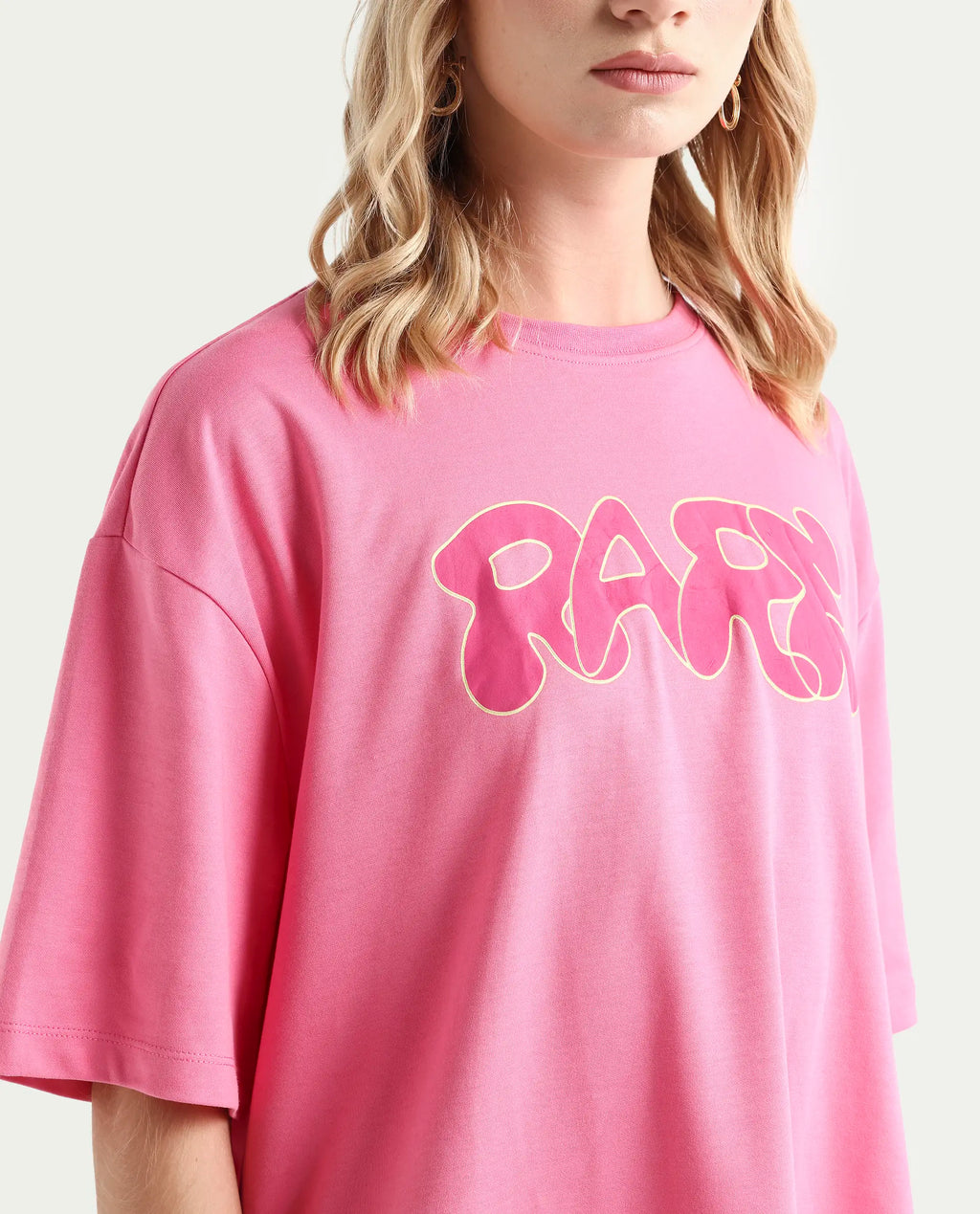 Rareism Women's Zines Pink Cotton Blend Crew Neck Graphic Print Oversized T-Shirt Oversize