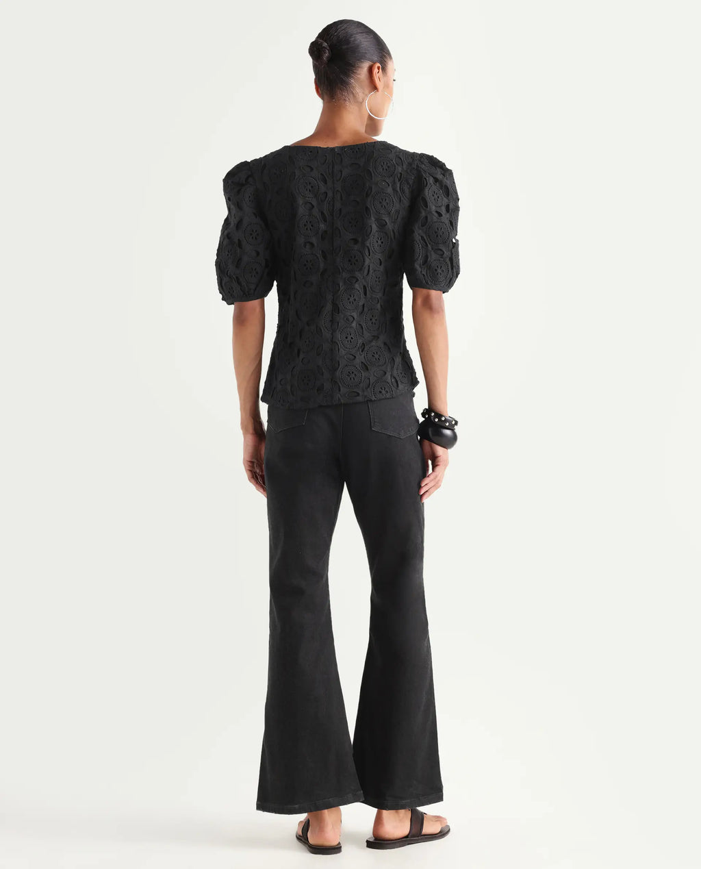 Rareism Women's Frita Black Cotton Blend Plain Ankle Length Effortless bootcut Jeans