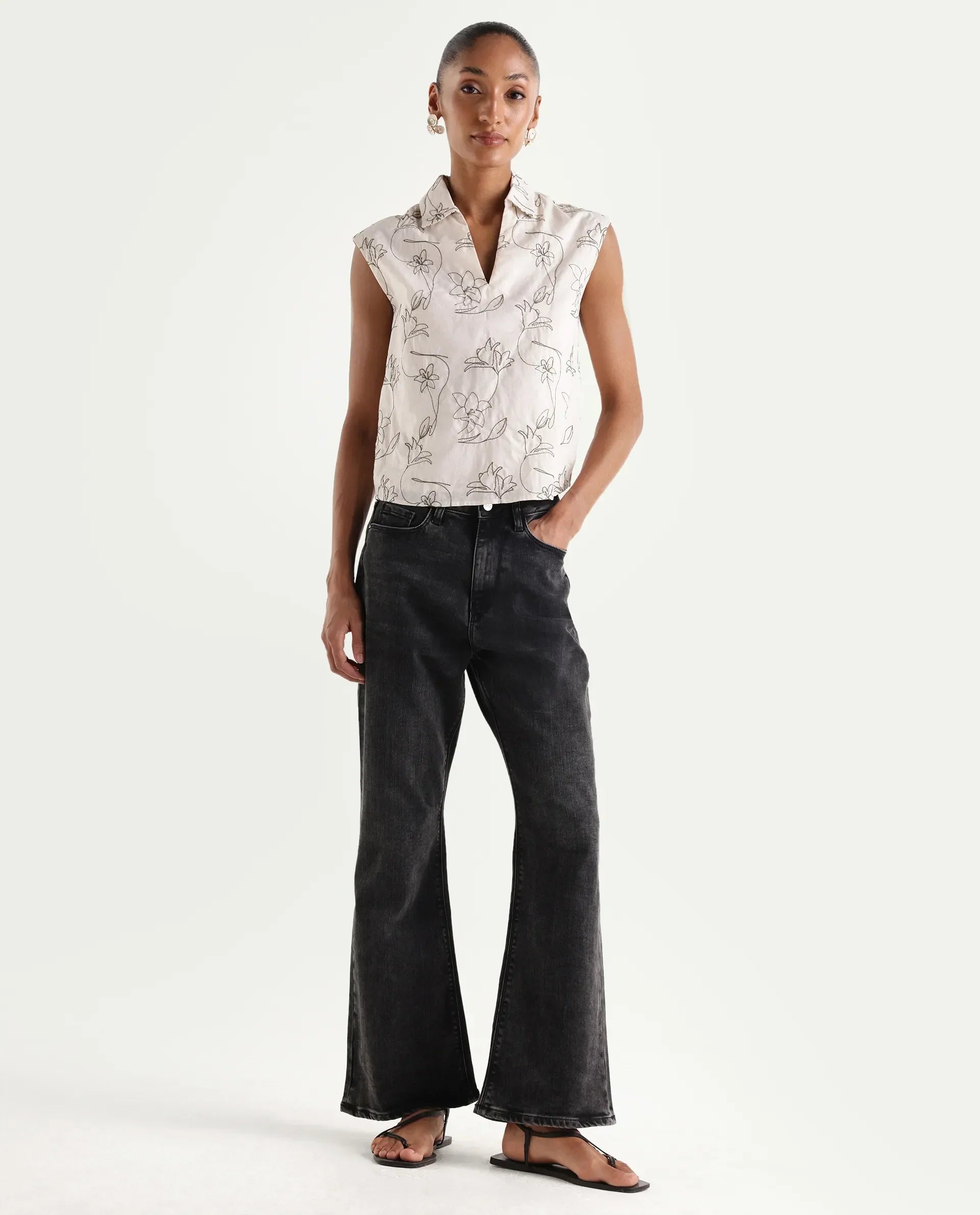 Rareism Women's Mica Black Cotton Blend Plain Ankle Length Bootcut Jeans