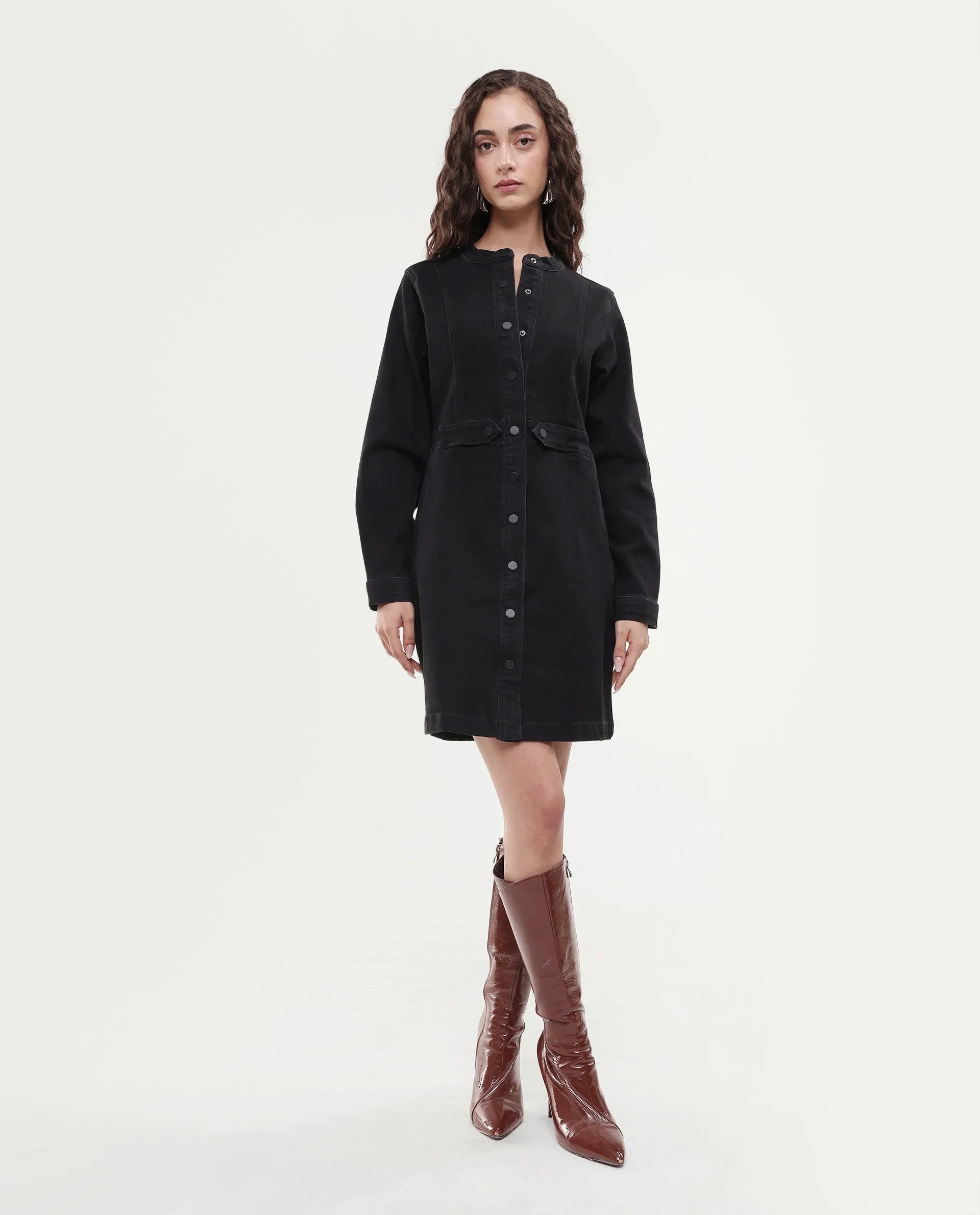 Rareism Women's Lizmi Black Cotton Blend High Neck Plain Cuffed Sleeve Mini Regular Fit Dress