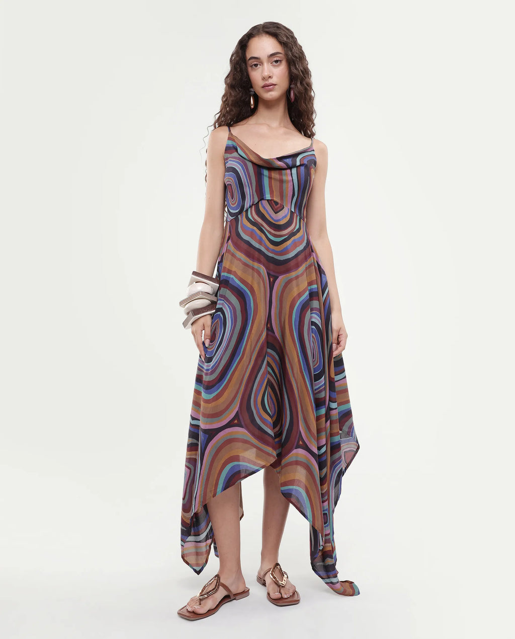 Rareism Women's Janudya Dark Multi Viscose Cowl Neck Abstract Print Sleeveless Maxi Fit And Flare Dress