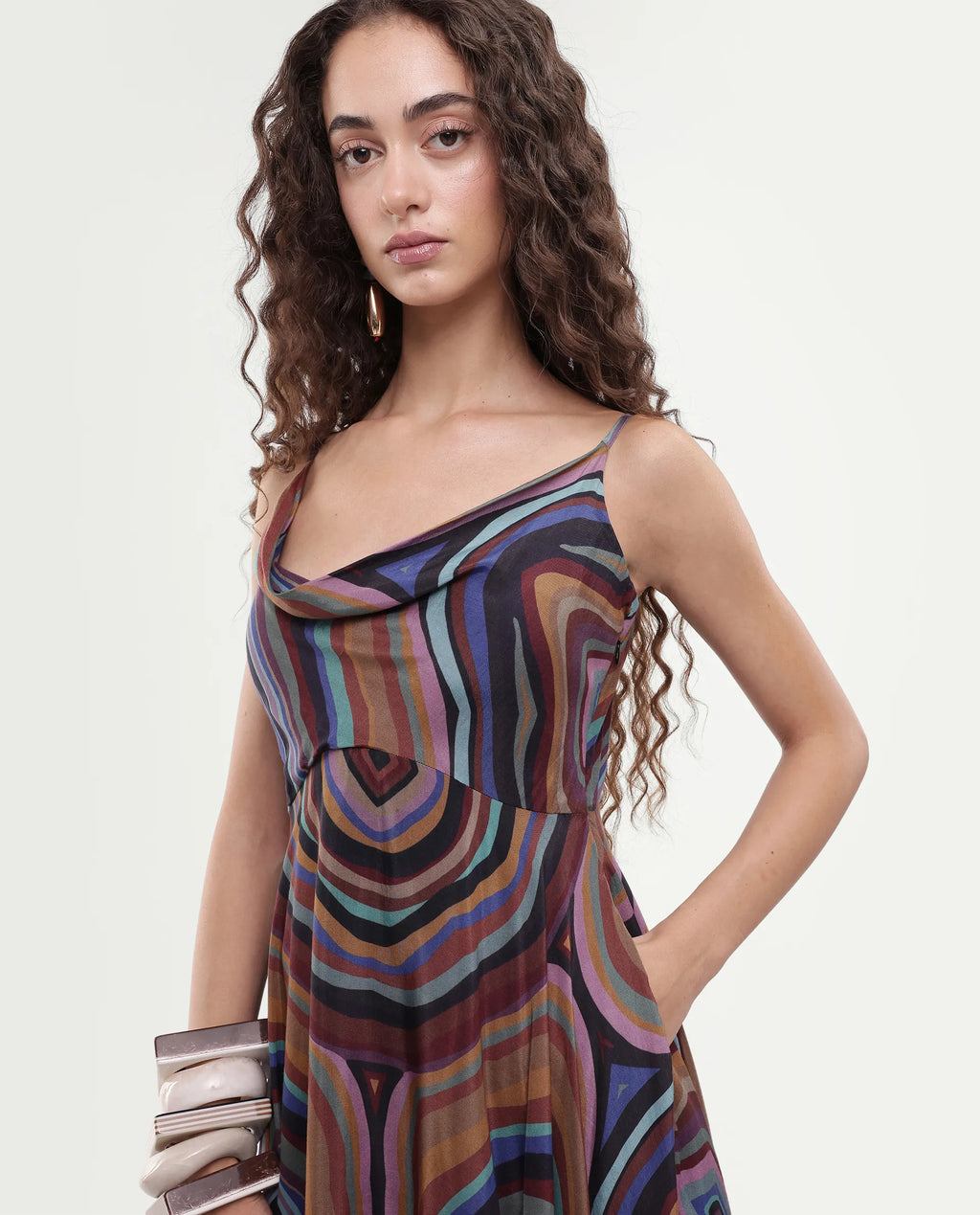 Rareism Women's Janudya Dark Multi Viscose Cowl Neck Abstract Print Sleeveless Maxi Fit And Flare Dress