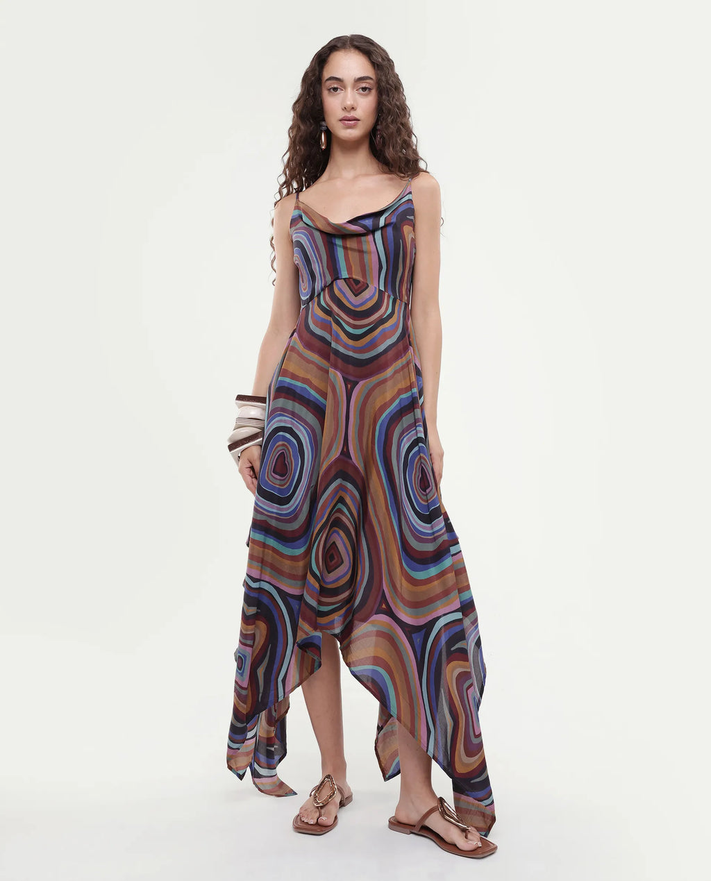 Rareism Women's Janudya Dark Multi Viscose Cowl Neck Abstract Print Sleeveless Maxi Fit And Flare Dress