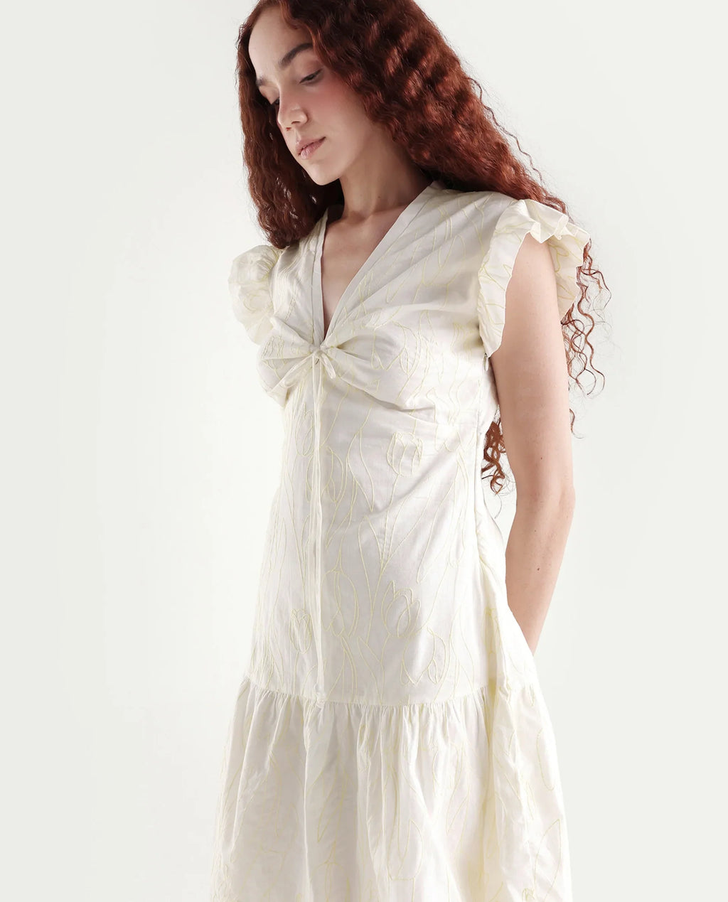 Rareism Women's Janarivi Off White Cotton V-Neck Embroidered Ruffled Sleeve Knee Length Fit And Flare Dress