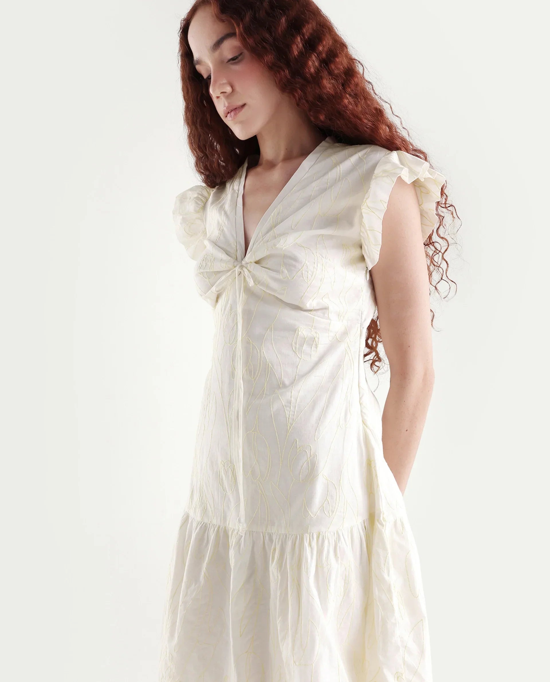 Rareism Women's Janarivi Off White Cotton V-Neck Embroidered Ruffled Sleeve Knee Length Fit And Flare Dress