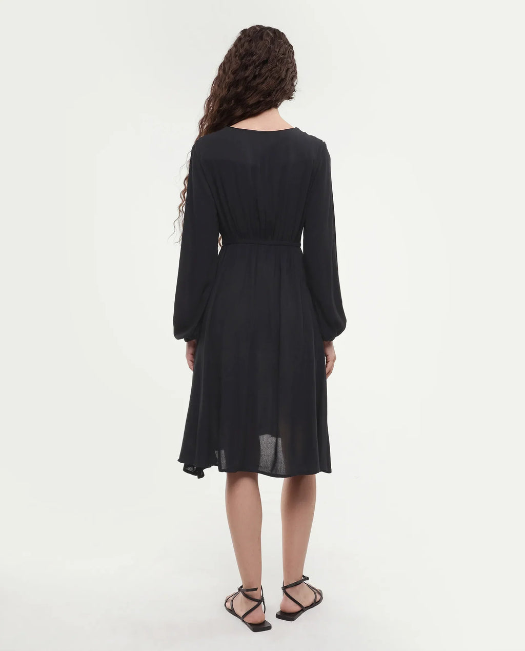 Rareism Women's Janog Black Cotton Tie-Up Neck Plain Bishop Sleeve Knee Length Fit And Flare Dress