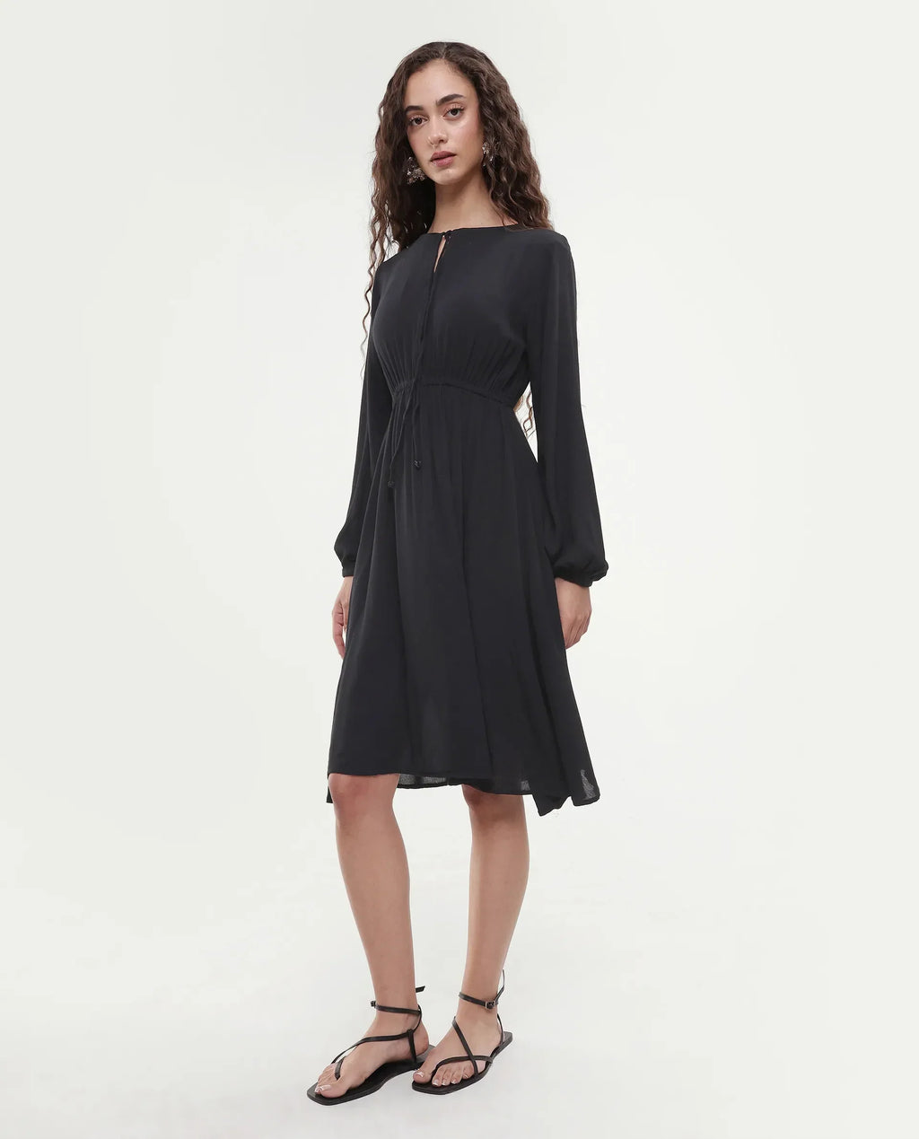 Rareism Women's Janog Black Cotton Tie-Up Neck Plain Bishop Sleeve Knee Length Fit And Flare Dress