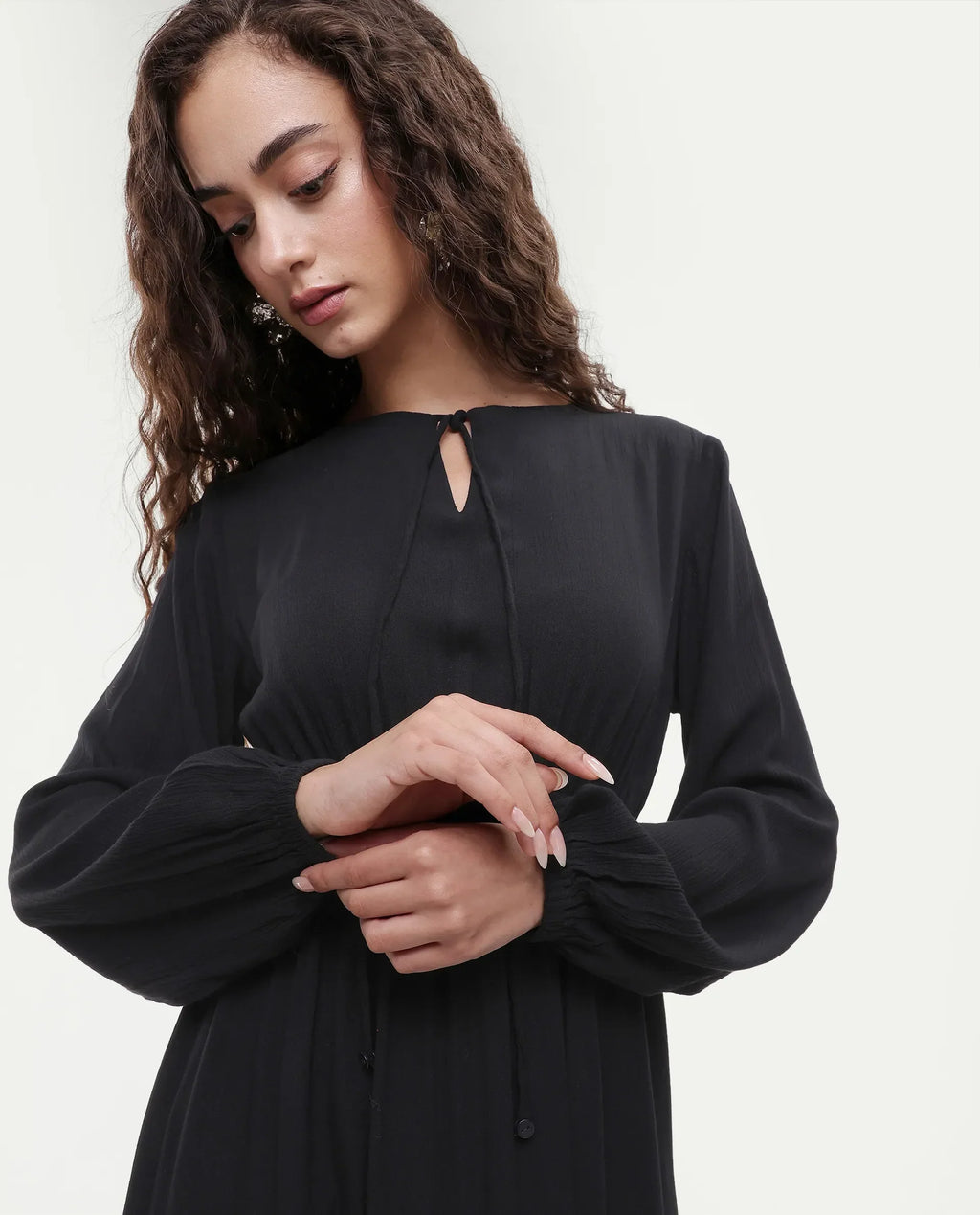 Rareism Women's Janog Black Cotton Tie-Up Neck Plain Bishop Sleeve Knee Length Fit And Flare Dress