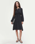 Rareism Women's Janog Black Cotton Tie-Up Neck Plain Bishop Sleeve Knee Length Fit And Flare Dress