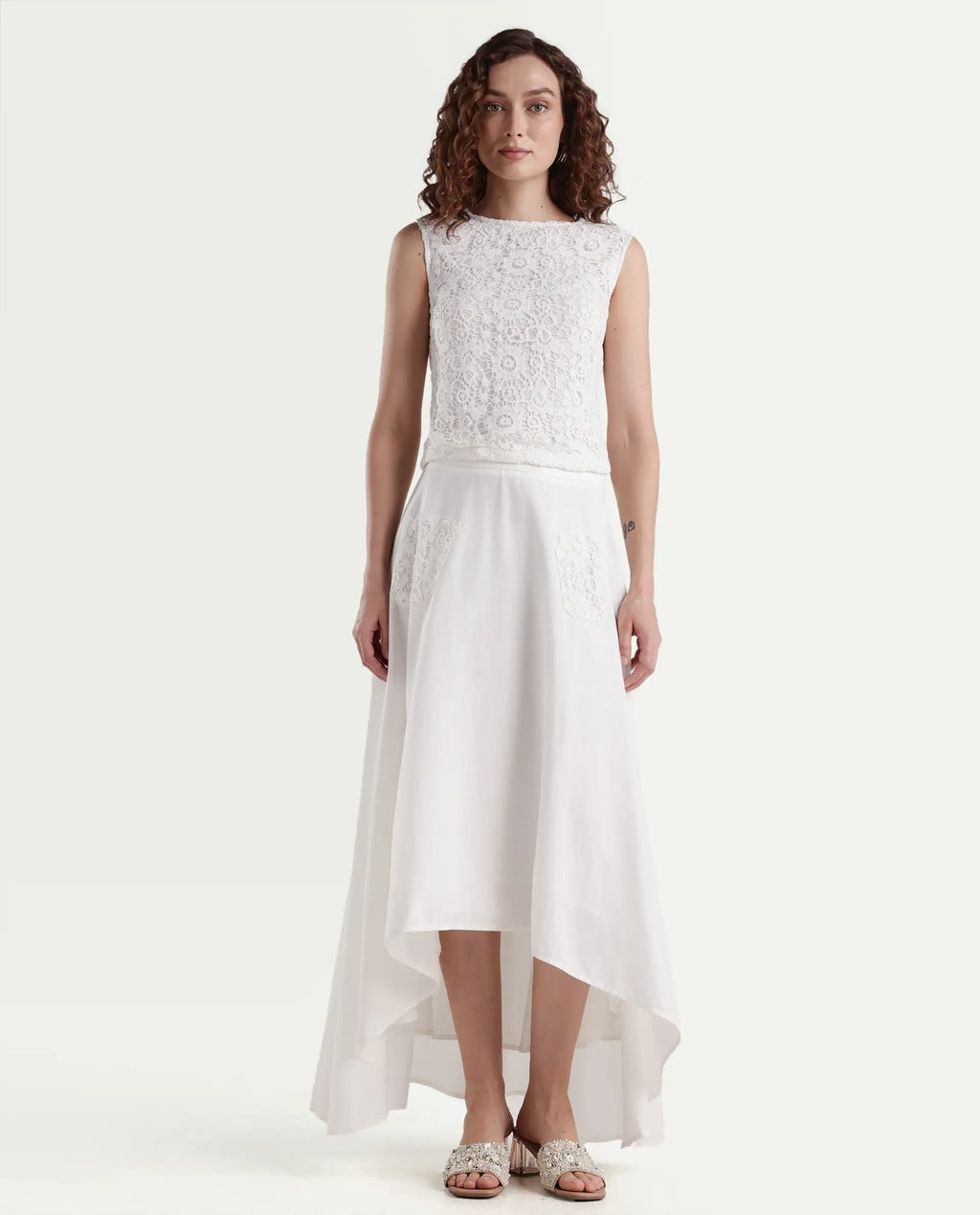 Rareism Women's Janlom B Off White Cotton Plain Ankle Length A-Line Skirt