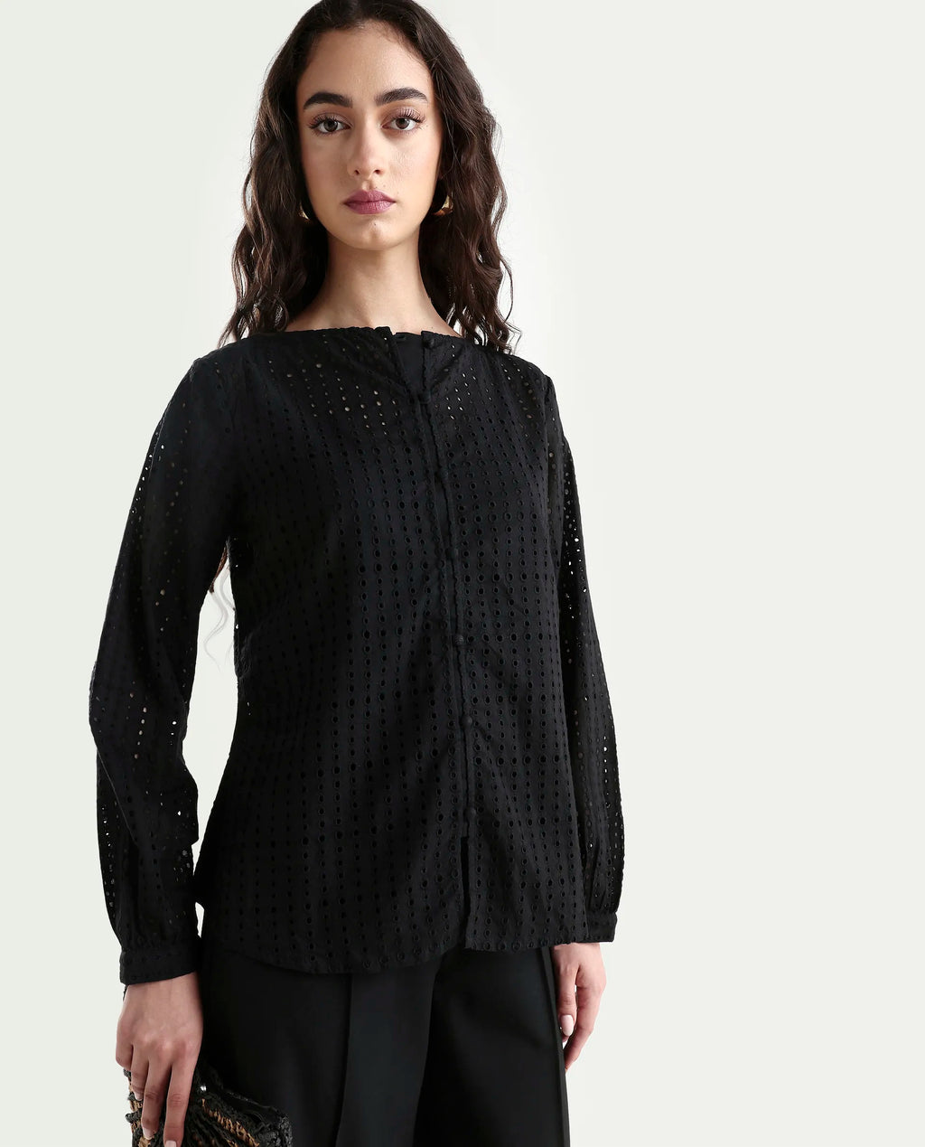 Rareism Women's Jancy Black Cotton Boat Neck Plain Bishop Sleeve Regular Fit Top